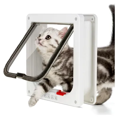 Produktbild von Katzenklappe mit Chiperkennung, Weiße 2-Wege Haustiertür mit 4 Schließoptionen, 20 * 19 cm (S)