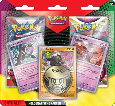 A product packaging for Pokemon trading cards, featuring several cards and booster packs.