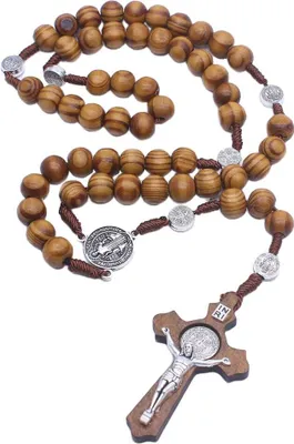 Produktbild von Handgefertigte Rosenkranz-Halskette aus Holz mit katholischen Kreuzen, perfekte katholische Geschenke