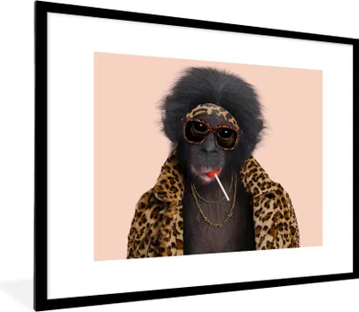 Produktbild von MuchoWow® Gerahmtes Poster Affe - Tiere - Sonnenbrille - Pantherdruck - Lutscher 80x60 cm - Poster mit Schwarzem Bilderrahmen Wandposter Rahmen Foto Bilder - Schlafzimmer-Dekorationen - Fotoposter