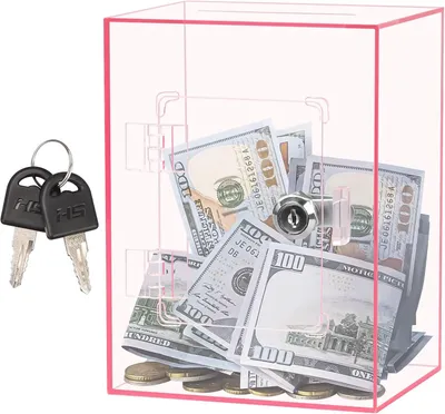 Imagen del producto de Caja para donaciones con cerradura, de acrílico transparente, color rosa, para campañas de recaudación de fondos