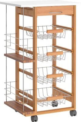 Produktbild von HOMCOM Küchenwagen mit Rollen, Mehrzweckwagen mit Schublade, 4 herausnehmbaren Metallkörben und Seitenregalen, 47 x 37 x 83 cm, Naturholz