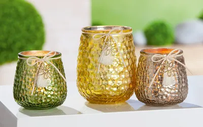 Produktbild von Gilde Windlicht, konisch, "Lako", Glas, gelb, grün, silberfarben, H. 13.5 cm, D. 10.5 cm 52517 4063387525173 3 Stück (3-fach sortiert)