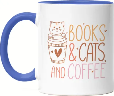 Produktbild von Books, Cats and Coffee Tasse Blau Katzenliebhaber Bücherfan Kaffeeliebhaber