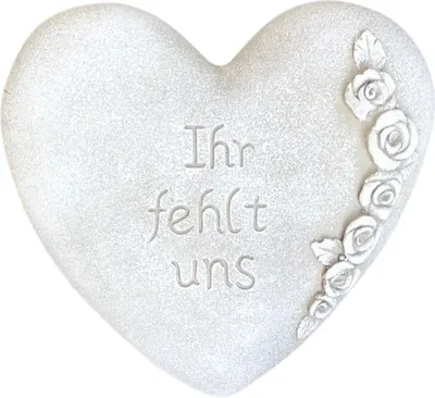 Produktbild von Grabherz Gedenkstein - Ihr fehlt uns - Grabschmuck Grabdeko Trauerherz 10cm , Handarbeit weiß