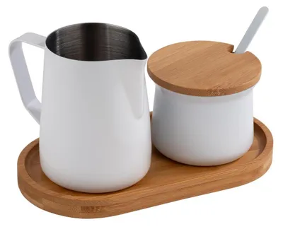 Produktbild von APS 631 Milch- und Zucker-Set MILURO, 5-tlg. Set, Bambus, Edelstahl, antihaft beschichtet, weiß