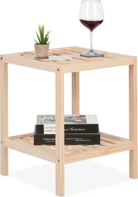 Produktbild von Relaxdays Beistelltisch, Holz, HxBxT: 50 x 40 x 40 cm, Wohnzimmertisch mit 2 Ablagen, quadratischer Ablagetisch, natur