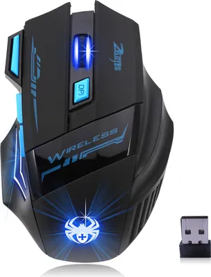 A black and blue wireless gaming mouse with LED lighting and a USB receiver.