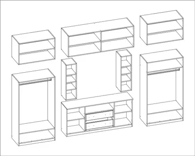 An isometric line drawing of a modular furniture set, likely a wall unit or entertainment center, composed of several cabinets, shelves, and drawers. The pieces are arranged in a way that suggests a complete living room furniture solution.