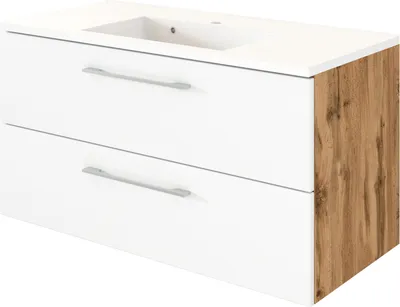 Produktbild von Waschtischunterschrank inkl. Mineralgusswaschbecken LOUNY-03 in Wotaneiche Nb. mit matt weiß, B/H/T: ca. 100/54/48 cm
