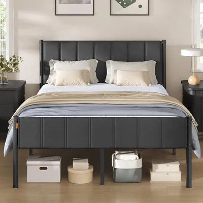 Produktbild von VASAGLE Doppelbett, Bettgestell, 140 x 200 cm, mit gepolstertem Kopfteil, Bettrahmen, Stahl, trägt bis zu 500 kg, grau