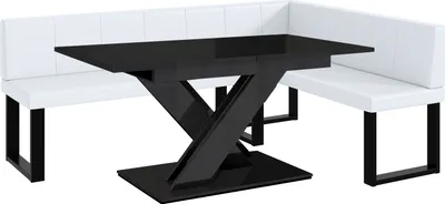 Produktbild von MEBLINI Eckbank für Esszimmer mit ausziehbarem Tisch  - Küchenbank - Essecke - Sitzecke Küche - PETER - U-Beine 142x196x87cm Rechts - Weiß Kunstleder/B Schwarz Hochgl.