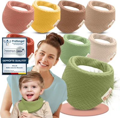 Produktbild von Mallie® Musselin Lätzchen Baby im 8er Set | Als Bibs, Dreieckstuch Baby, Baby Lätzchen | Musselin Halstuch Baby, Musselintücher Baby und Babylätzchen