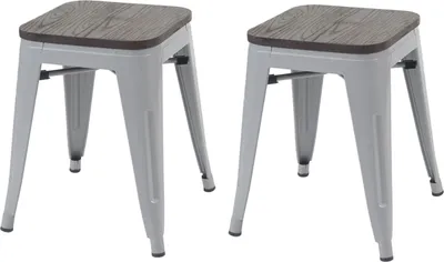 Obrázek produktu pro sada 2 stoliček HWC-A73 včetně dřevěného sedáku, kovový sedák stolička, kovový průmyslový design stohovatelný  šedá