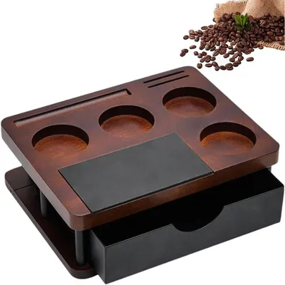 Produktbild von Espresso Zubehörhalter aus Holz, 3-in-1 Tamperstation mit Knockbox, 51–58 mm kompatibel, stilvoll & praktisch für Barista & Küche