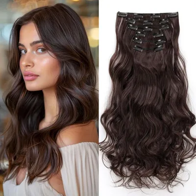 Obrázok produktu pre Clip-in predlžovanie vlasov, vlnité, stredne hnedé, 48 cm, 6 prameňov, 16 klipov, syntetické