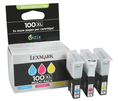 Produktbild von Lexmark 100XL, Hohe (XL-) Ausbeute, Cyan, Magenta, Gelb, Tinte auf Pigmentbasis, 3 Stück(e), Multipack