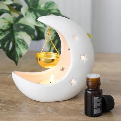 Productafbeelding van Hanging Oil Burner met Halve Maan Ontwerp - Oliebrander voor Etherische Oliën en Wax Melts in Wit