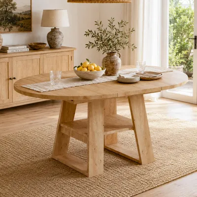 Immagine prodotto di STILVORA: Tavolo allungabile con spazio contenitivo e ripiani, tavolo da pranzo 110/150 x 110 cm per 4-6 persone, tavolo rotondo con finitura effetto legno di quercia