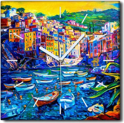 Produktbild von Coloray Uhr auf Leinwand 30x30 cm Wand Uhr Dekoration Wohnzimmer Segeltuch weiße Zeiger -Italien Stadtberge.