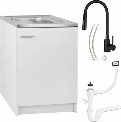 Obrázek produktu pro Bílá kuchyňská linka 60x60 Dřezová baterie Deante Black Flexibilní sifon 2v1