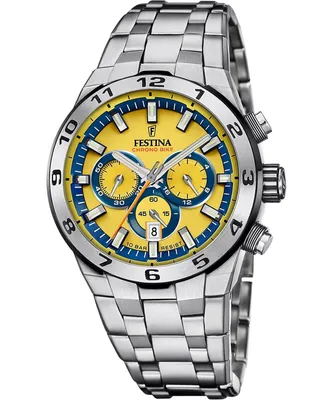 A close-up studio shot of a men's chronograph watch with a yellow dial and stainless steel band.