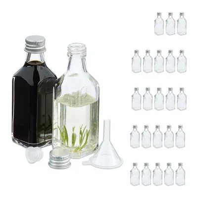 Immagine prodotto di Relaxdays bottigliette, confezione da 25, 50 ml, bottiglie di vetro da riempire, tappo a vite e tappo di sughero, trasparenti/argento