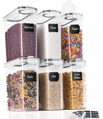 Obrázek produktu pro Sada úložných nádob GoMaihe, 2,5 litru * 6 kusů. Úložné boxy do kuchyně, organizér. Vzduchotěsné nádoby na uchovávání potravin, plastové s víkem. Nádoby na skladování müsli, mouky, kávových zrn, kukuřičných vloček, špaget