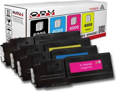A box of toner cartridges and several toner cartridges are displayed.
