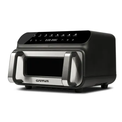 A product shot of a black and silver air fryer on a white background.