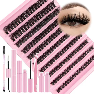 Image de Kit d'extension de cils à faire soi-même, comprenant 180 clusters de cils recourbés en forme de "D", de 8 à 16 mm, avec colle et scellant
