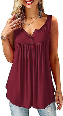 Image de ASKSA Débardeur femme sans manches col V T-shirt boutonné Tunique solide, Vin rouge, 4XL