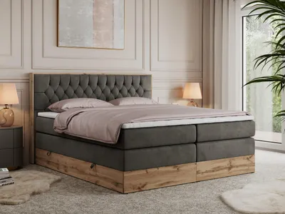 Obrázek produktu pro Kontinentální postel Boxspring AMORE KING s úložným prostorem - 200x200 cm - Materace H3 - Šedá Samet - Topper T25
