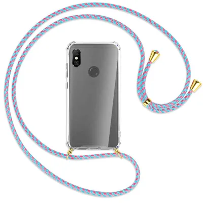 Produktbild von Handykette Backcover-Schutzhülle mit Band (Metall goldfarben) für Xiaomi Redmi Note 6 Pro - pink/mint
