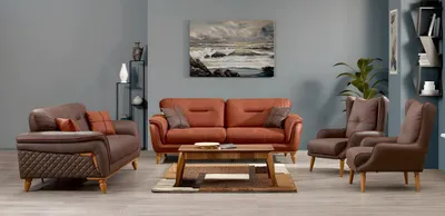 Produktbild von Moderner brauner Stoffsofa 4-teiliges Wohnzimmer Set mit Holzrahmen