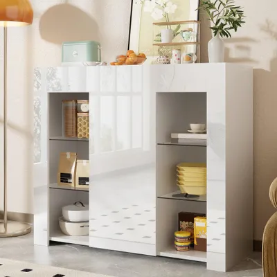 Obrázek produktu pro Komoda – Skříň – Příborník – Úložná skříň – Nástěnná skříň – Bílá barva – Moderní design – Tvrzené sklo – 95 x 35 x 83 cm