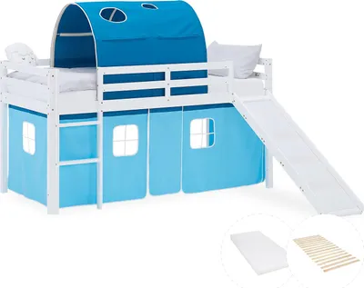 Image de Lit superposé 90x200 cm avec Toboggan Matelas Lit mezzanine en Bois Pin Massif Lit d'enfant Rideau Tunnel Bleu Sommier