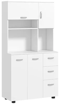 Produktbild von Küchenschrank - Sideboard - 89 x 39,5 x 168 cm - 3 offene Fächer - 4 Türen - 3 Schubladen - Verstellbare Einlegeböden - Weiß