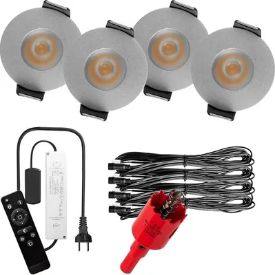 Produktbild von S-Polylight PREMIUM Mini LED- Einbauspots Kaltweiß 6.000K, DIMMBAR, IP65, FUNK 3W LED Einbaustrahler Terrassenüberdachung, Terrassenbeleuchtung, Bad, Sauna, LED Spots mit Fernbedienung (SILBER, 4x LED-SET)