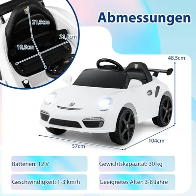 Zdjęcie produktu dla Samochód elektryczny dla dzieci 12 V z pilotem, licencjonowany Porsche, biały