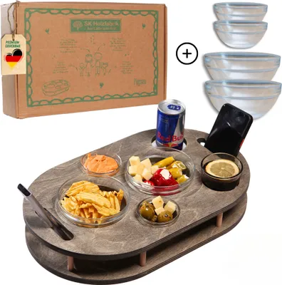 Produktbild von Couchbar Snackbox in grau mit 4 Glasschalen - Sofabar für Snacks und Getränke - Couchtabletts mit Getränkehalter - Sofa Butler
