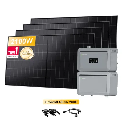 Produktbild von Powerness Balkonkraftwerk mit Speicher, Growatt NEXA 2000 Speicher 2048Wh und NEXA 2000E Erweiterungsakku & 4x LONGi 525Wp BC Bifaziale Solarmodule