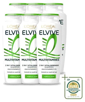 Imagen del producto de 6 unidades de Champú 2 en 1 L'Oréal Paris Elvive Multivitamines, 250 ml, pack ahorro