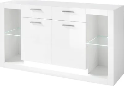 A white sideboard with drawers and open shelves.