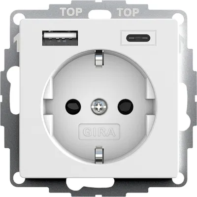 2-fach Schuko-Steckdose mit USB-A und USB-C, reinweiß matt, Unterputz