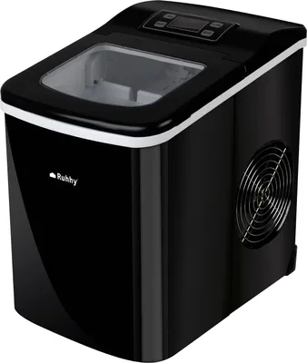A black ice maker is shown against a white background.