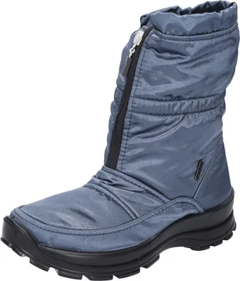 A single blue winter boot with a black sole and zipper is shown against a white background.