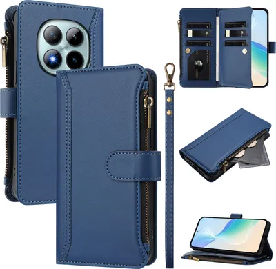 Image de Etui pour Xiaomi Redmi Note 15 Pro+, zippé, étui portefeuille en cuirPolyuréthaneavec pochettes pour cartes, support et dragonne bleu