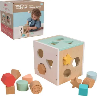 Obrázok produktu pre Drevený triedič tvarov sova a líška Montessori vzdelávacie kocky 12m+