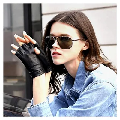 Produktbild von Halbfinger Lederhandschuhe für Damen – Fingerlose Fahrhandschuhe aus weichem Schafsleder, atmungsaktive Handschuhe mit Druckknopfverschluss, Geschenkverpackung